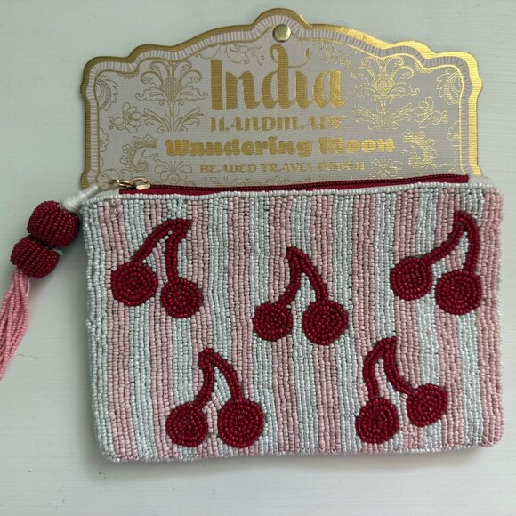NWT Handmade in India Pink Stripped Cherries Travel Beaded Pouch Viral - Picture 1 of 1